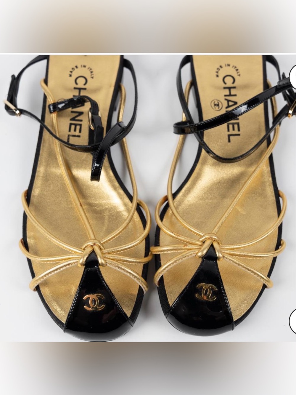 ISO CHANEL Black and Gold Strappy Logo Sandals Size 40 or 41